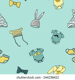 Funny cute new born welcome baby boy bodysuit and socks and hat and bow tie and baby beanie vector seamless pattern on light blue background. Set of isolated elements. Chess grid order pattern.