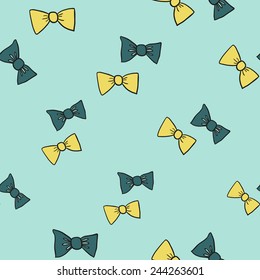 Funny cute new born welcome baby boy bow tie vector seamless pattern on light blue background. Set of isolated elements. Chess grid order pattern.