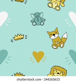 Funny cute new born welcome baby boy crown and blue and white and yellow and toy vector seamless pattern on light blue background. Set of isolated elements. Chess grid order pattern.