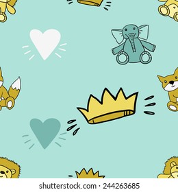 Funny cute new born welcome baby boy crown and blue and white and yellow and toy vector seamless pattern on light blue background. Set of isolated elements. Chess grid order pattern.