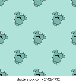 Funny cute new born welcome baby boy bodysuit vector seamless pattern on light blue background. Set of isolated elements. Chess grid order pattern.