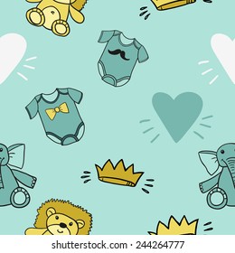 Funny cute new born welcome baby boy crown and blue and white and toy and bodysuit vector seamless pattern on light blue background. Set of isolated elements. Chess grid order pattern.