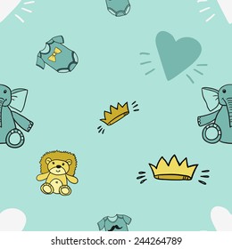 Funny cute new born welcome baby boy crown and blue and white and toy and bodysuit vector seamless pattern on light blue background. Set of isolated elements. Chess grid order pattern.