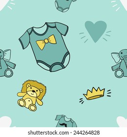 Funny cute new born welcome baby boy crown and blue and white and toy and bodysuit vector seamless pattern on light blue background. Set of isolated elements. Chess grid order pattern.