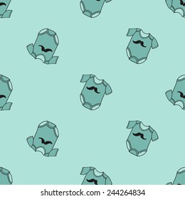 Funny cute new born welcome baby boy bodysuit vector seamless pattern on light blue background. Set of isolated elements. Chess grid order pattern.