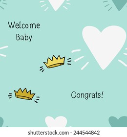 Funny cute new born welcome baby boy crown and inscription and blue and white and yellow vector seamless pattern on light blue background. Set of isolated elements. Chess grid order pattern.