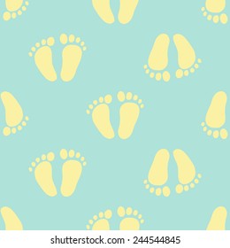 Funny cute new born welcome baby boy foot vector seamless pattern on light blue background. Set of isolated elements. Chess grid order pattern.
