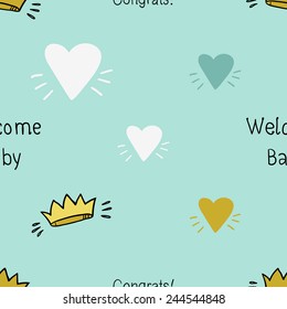 Funny cute new born welcome baby boy crown and inscription and blue and white and yellow vector seamless pattern on light blue background. Set of isolated elements. Chess grid order pattern.