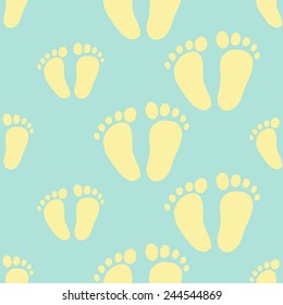Funny cute new born welcome baby boy foot vector seamless pattern on light blue background. Set of isolated elements. Chess grid order pattern.