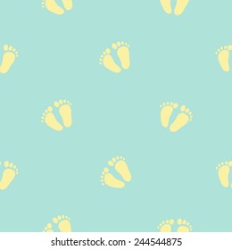 Funny cute new born welcome baby boy foot vector seamless pattern on light blue background. Set of isolated elements. Chess grid order pattern.