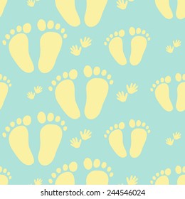 Funny cute new born welcome baby boy foot and hand print vector seamless pattern on light blue background. Set of isolated elements. Chess grid order pattern.