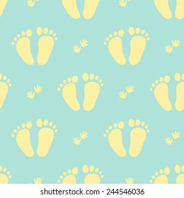 Funny cute new born welcome baby boy foot and hand print vector seamless pattern on light blue background. Set of isolated elements. Chess grid order pattern.