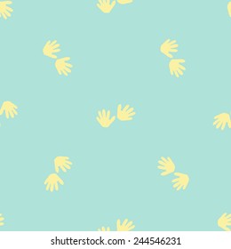 Funny cute new born welcome baby boy hand print vector seamless pattern on light blue background. Set of isolated elements. Chess grid order pattern.