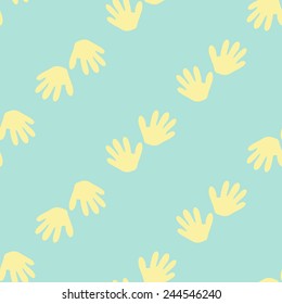 Funny cute new born welcome baby boy hand print vector seamless pattern on light blue background. Set of isolated elements. Chess grid order pattern.