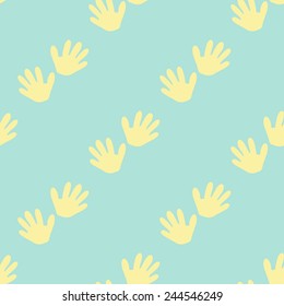 Funny cute new born welcome baby boy hand print vector seamless pattern on light blue background. Set of isolated elements. Chess grid order pattern.