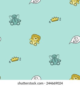 Funny cute new born welcome baby boy inscription and toy and crown vector seamless pattern on light blue background. Set of isolated elements. Chess grid order pattern.