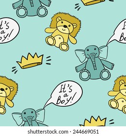 Funny cute new born welcome baby boy inscription and toy and crown vector seamless pattern on light blue background. Set of isolated elements. Chess grid order pattern.