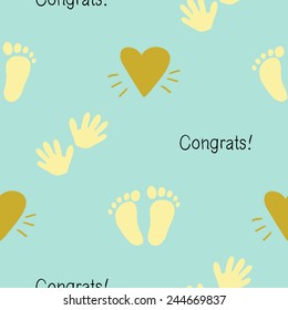 Funny cute new born welcome baby boy inscription and yellow and foot and handprint vector seamless pattern on light blue background. Set of isolated elements. Chess grid order pattern.