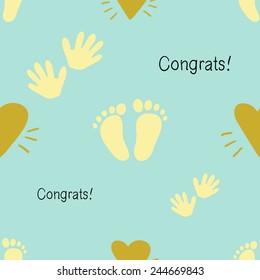 Funny cute new born welcome baby boy inscription and yellow and foot and handprint vector seamless pattern on light blue background. Set of isolated elements. Chess grid order pattern.