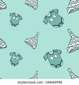 Funny cute new born welcome baby boy hat and bodysuit vector seamless pattern on light blue background. Set of isolated elements. Chess grid order pattern.