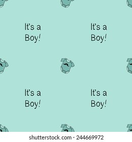 Funny cute new born welcome baby boy inscription and bodysuit vector seamless pattern on light blue background. Set of isolated elements. Chess grid order pattern.