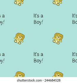 Funny cute new born welcome baby boy inscription and toy vector seamless pattern on light blue background. Set of isolated elements. Chess grid order pattern.