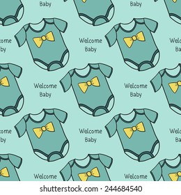 Funny cute new born welcome baby boy inscription and bodysuit vector seamless pattern on light blue background. Set of isolated elements. Chess grid order pattern.