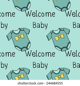 Funny cute new born welcome baby boy inscription and bodysuit vector seamless pattern on light blue background. Set of isolated elements. Chess grid order pattern.