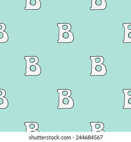 Funny cute new born welcome baby boy letter b vector seamless pattern on light blue background. Set of isolated elements. Chess grid order pattern.