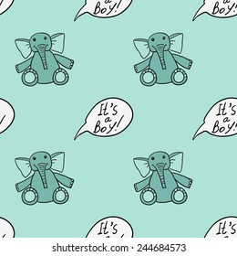 Funny cute new born welcome baby boy inscription and toy vector seamless pattern on light blue background. Set of isolated elements. Chess grid order pattern.