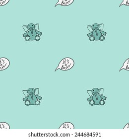 Funny cute new born welcome baby boy inscription and toy vector seamless pattern on light blue background. Set of isolated elements. Chess grid order pattern.