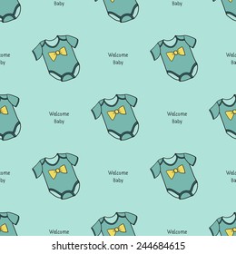 Funny cute new born welcome baby boy inscription and bodysuit vector seamless pattern on light blue background. Set of isolated elements. Chess grid order pattern.
