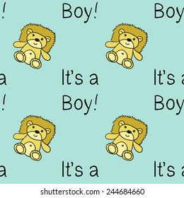 Funny cute new born welcome baby boy inscription and toy vector seamless pattern on light blue background. Set of isolated elements. Chess grid order pattern.