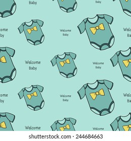 Funny cute new born welcome baby boy inscription and bodysuit vector seamless pattern on light blue background. Set of isolated elements. Chess grid order pattern.