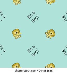 Funny cute new born welcome baby boy inscription and toy vector seamless pattern on light blue background. Set of isolated elements. Chess grid order pattern.