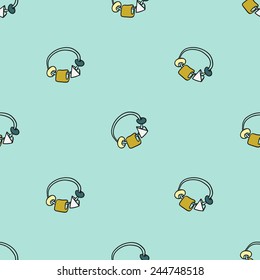 Funny cute new born welcome baby boy rattle vector seamless pattern on light blue background. Set of isolated elements. Chess grid order pattern.