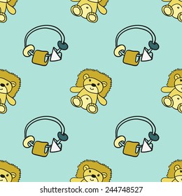 Funny cute new born welcome baby boy rattle and toy vector seamless pattern on light blue background. Set of isolated elements. Chess grid order pattern.