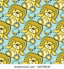 Funny cute new born welcome baby boy rattle and toy vector seamless pattern on light blue background. Set of isolated elements. Chess grid order pattern.