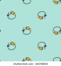 Funny cute new born welcome baby boy rattle vector seamless pattern on light blue background. Set of isolated elements. Chess grid order pattern.