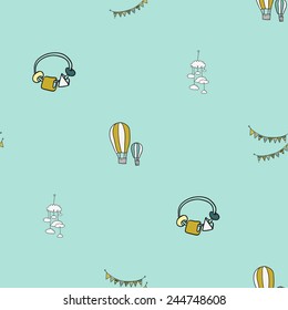 Funny cute new born welcome baby boy rattle and balloon and mobility and fabric vector seamless pattern on light blue background. Set of isolated elements. Chess grid order pattern.