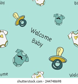Funny cute new born welcome baby boy soother and inscription and bodysuit vector seamless pattern on light blue background. Set of isolated elements. Chess grid order pattern.