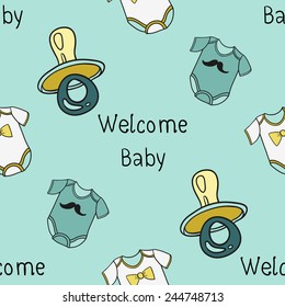 Funny cute new born welcome baby boy soother and inscription and bodysuit vector seamless pattern on light blue background. Set of isolated elements. Chess grid order pattern.