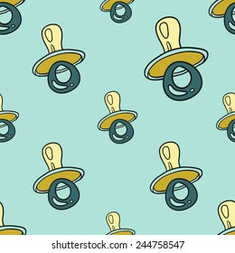 Funny cute new born welcome baby boy soother vector seamless pattern on light blue background. Set of isolated elements. Chess grid order pattern.