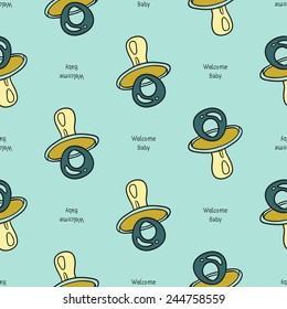 Funny cute new born welcome baby boy soother and inscription vector seamless pattern on light blue background. Set of isolated elements. Chess grid order pattern.