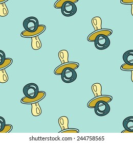 Funny cute new born welcome baby boy soother vector seamless pattern on light blue background. Set of isolated elements. Chess grid order pattern.