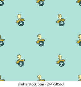 Funny cute new born welcome baby boy soother vector seamless pattern on light blue background. Set of isolated elements. Chess grid order pattern.