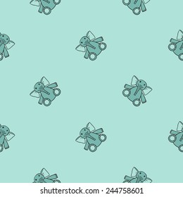 Funny cute new born welcome baby boy toy vector seamless pattern on light blue background. Set of isolated elements. Chess grid order pattern.