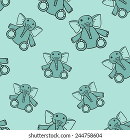 Funny cute new born welcome baby boy toy vector seamless pattern on light blue background. Set of isolated elements. Chess grid order pattern.
