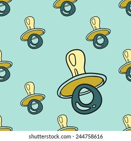 Funny cute new born welcome baby boy soother vector seamless pattern on light blue background. Set of isolated elements. Chess grid order pattern.