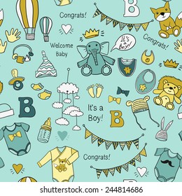 Funny cute new born welcome baby vector seamless pattern. boy bib, rattle, soother, inscription, crown, bodysuit, beanie on light blue background. Set of isolated elements. Seamless pattern design.